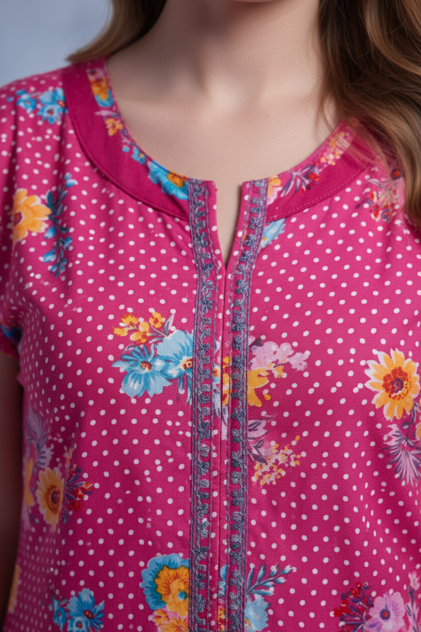 Pink With Multicolored Floral Prints. Hosiery Print Nighty For Women